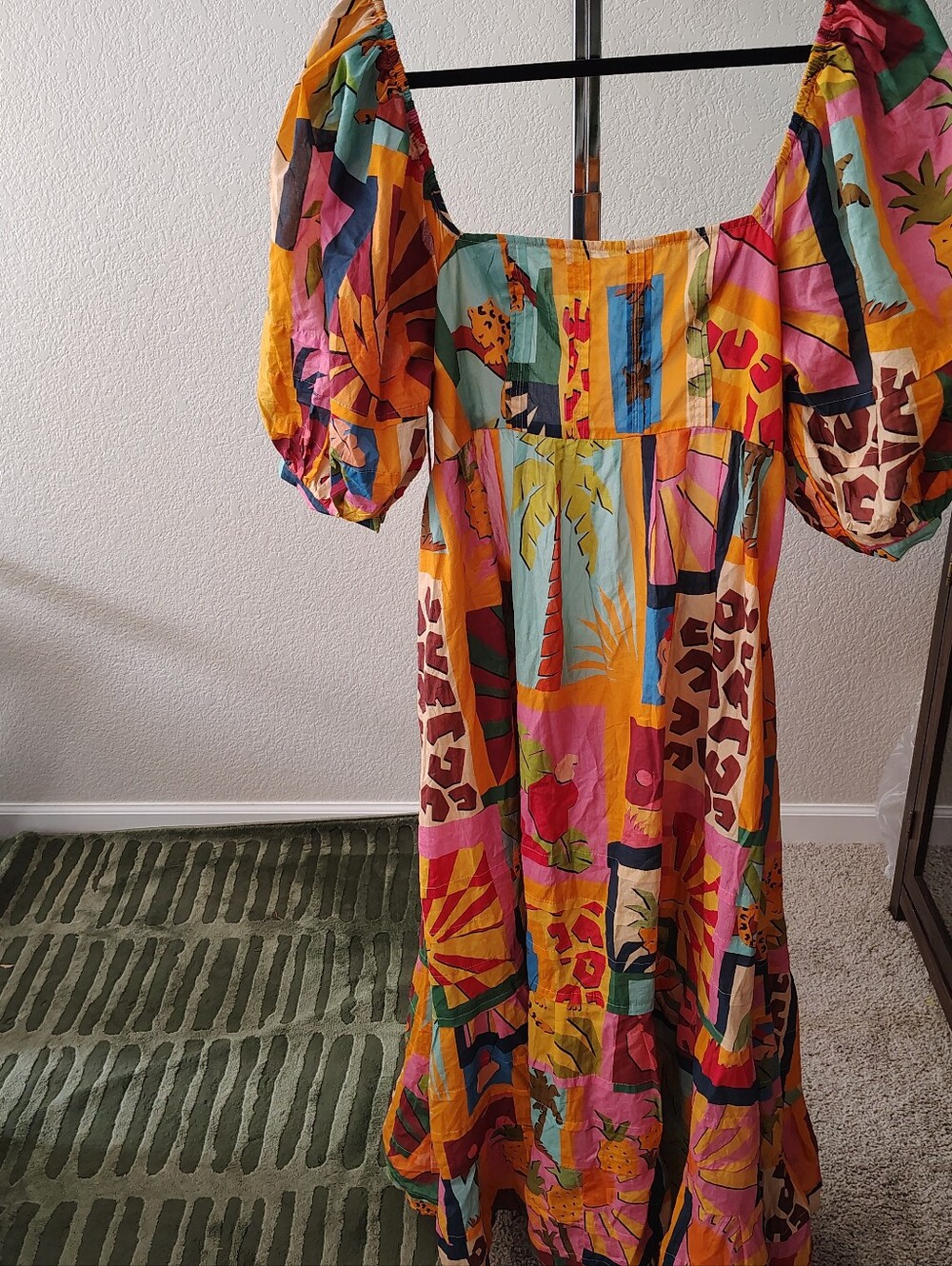Farm Rio Tropical Collage Midi Dress Bead Tassel Puff Sleeves Resort Size Large